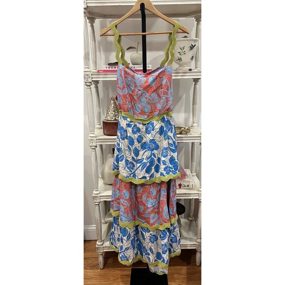 Farm Rio x Anthropologie Linen Blend Tiered Rickrack Midi Dress Size Medium - Picture 4 of 5